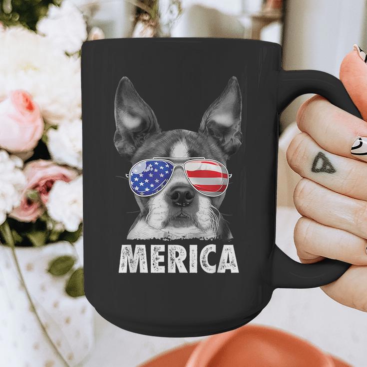 Boston Terrier 4th Of July Merica Men Women USA Flag Vintage Graphic Print Coffee Mug, Boston Terrier 4th Of July Gifts, funny design