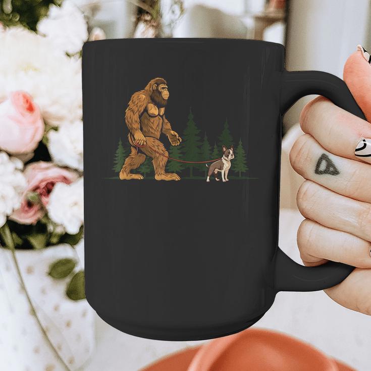 Boston Terrier Bigfoot Dog Walking Dog Mom Dad Kids Graphic Print Coffee Mug, Couple Gifts, Mom Gifts, Boston Terrier Dad Gifts, Boston Terrier Mom Gifts, funny design
