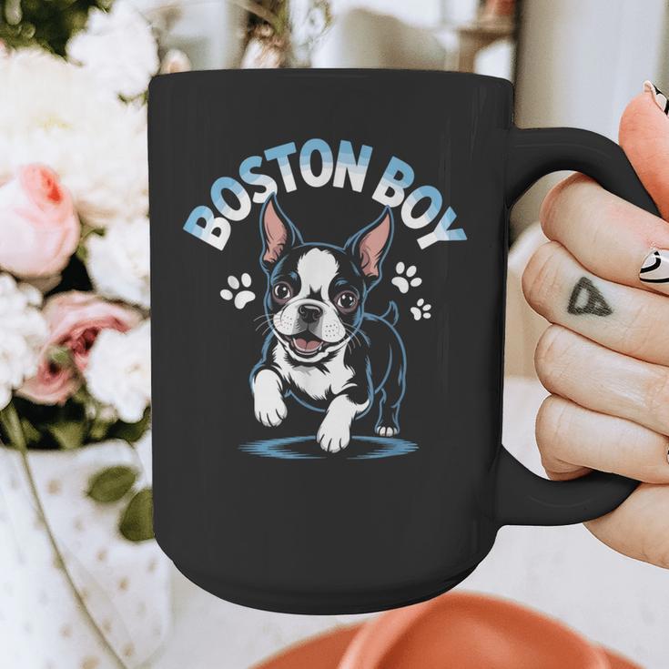 Boston Terrier Boy Cute Cartoon Dog Owner Pet Boston Terrier Graphic Print Coffee Mug, funny design