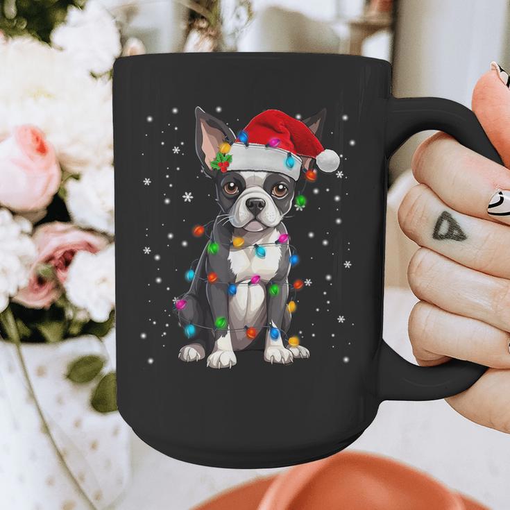 Boston Terrier Christmas Santa Hat Tree Lights Pajama Graphic Print Coffee Mug, Boston Terrier Christmas Gifts, funny design