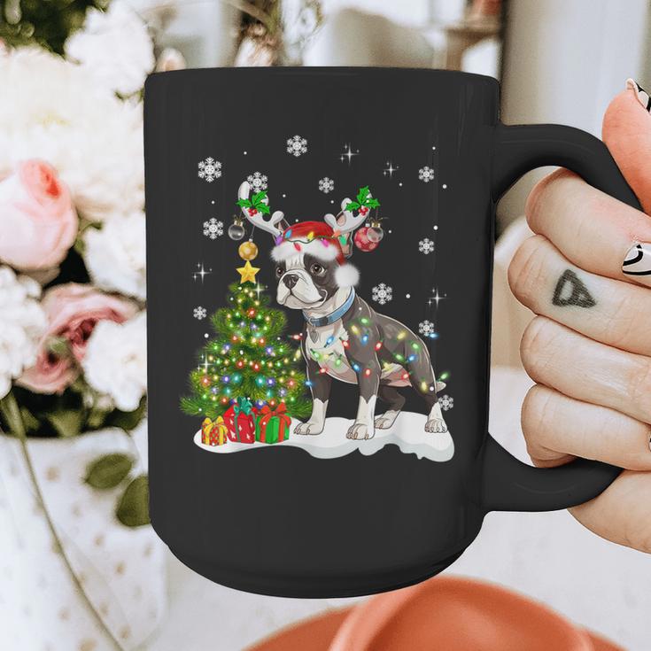 Boston Terrier Christmas Tree Lights Santa Hat Graphic Print Coffee Mug, Boston Terrier Christmas Gifts, funny design