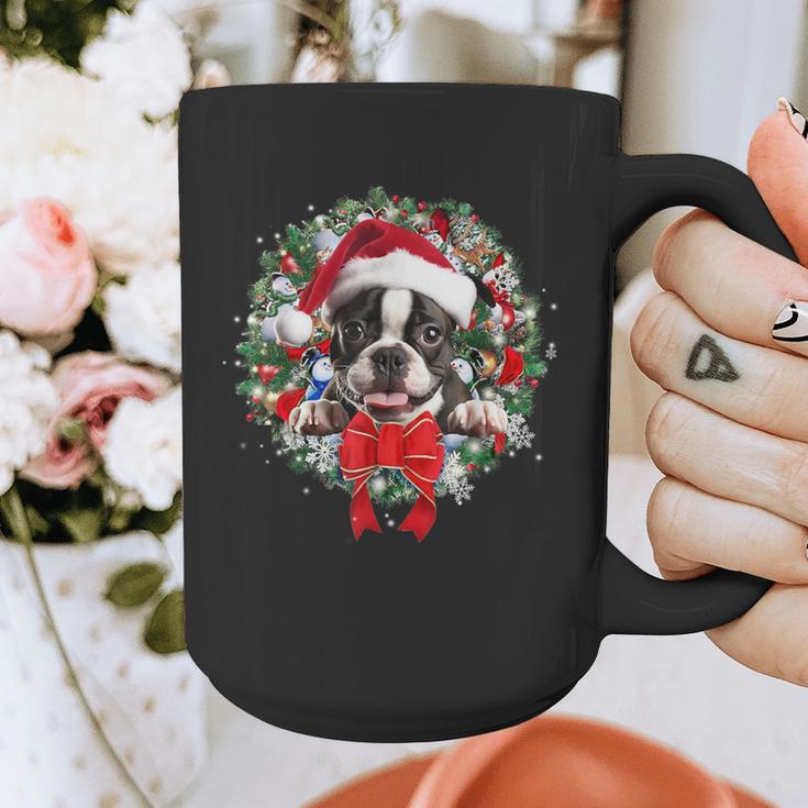 Boston Terrier Christmas Wreath Decoration Xmas Pajamas Graphic Print Coffee Mug, Boston Terrier Christmas Gifts, funny design