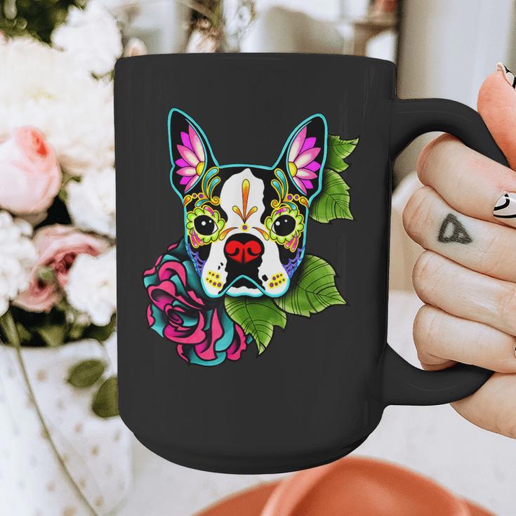 Boston Terrier In Day Of The Dead Sugar Skull Dog Graphic Print Coffee Mug, funny design