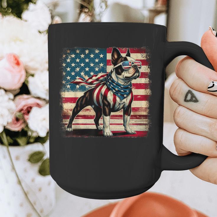 Boston Terrier Dog 4th Of July USA American Flag Patriotic Graphic Print Coffee Mug, Patriotic Boston Terrier Gifts, American Boston Terrier Gifts, Boston Terrier 4th Of July Gifts, funny design