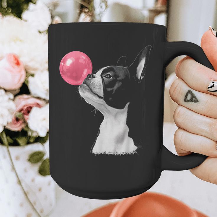 Boston Terrier Dog Blowing Chewing Bubble Gum Pink Graphic Print Coffee Mug, funny design