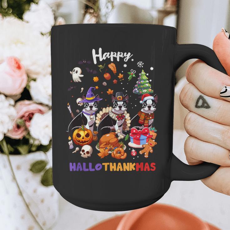 Boston Terrier Dog Christmas Happy Hallothankmas Halloween For Men Women Kids Graphic Print Coffee Mug, Boston Terrier Christmas Gifts, Boston Terrier Halloween Gifts, funny design