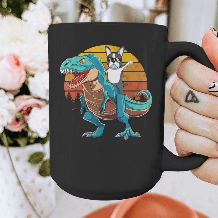 Boston Terrier Dog Riding Dinosaur T Rex Boys Graphic Print Coffee Mug, Boston Terrier Riding Gifts, funny design