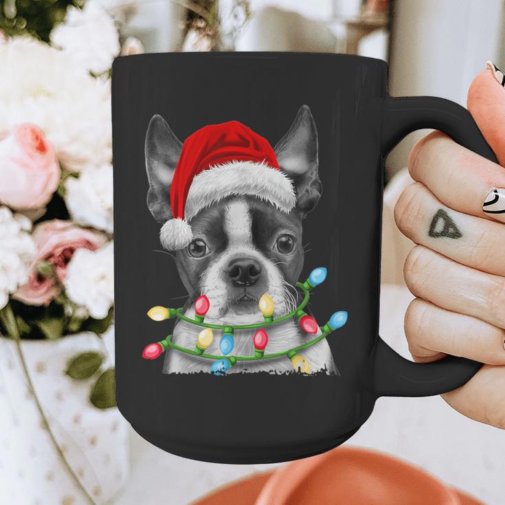 Boston Terrier Dog Santa Christmas Tree Lights Xmas Graphic Print Coffee Mug, Boston Terrier Christmas Gifts, funny design