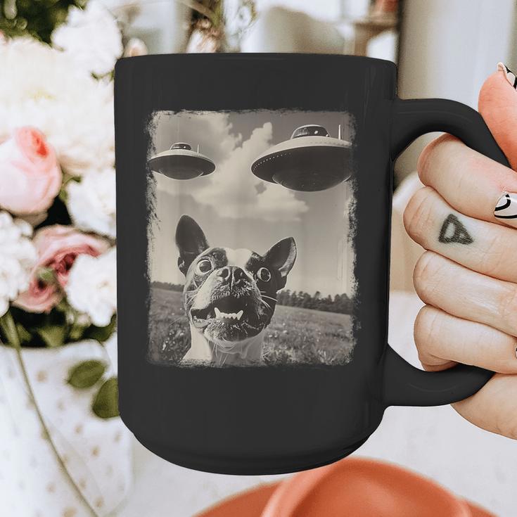 Boston Terrier Dog UFO Alien Extraterrestrial Selfie Graphic Print Coffee Mug, funny design