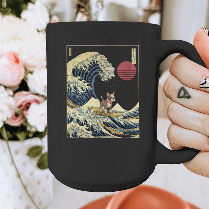Boston Terrier Japanese Kanagawa Wave Surf Dog Graphic Print Coffee Mug, funny design