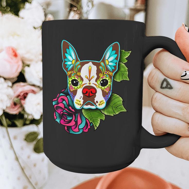 Boston Terrier In Red Day Of The Dead Sugar Skull Dog Graphic Print Coffee Mug, funny design