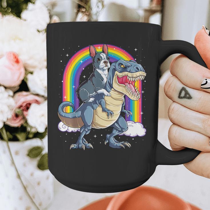 Boston Terrier Riding Dinosaur T-Rex Boys Kids Rainbow Graphic Print Coffee Mug, Boston Terrier Riding Gifts, funny design