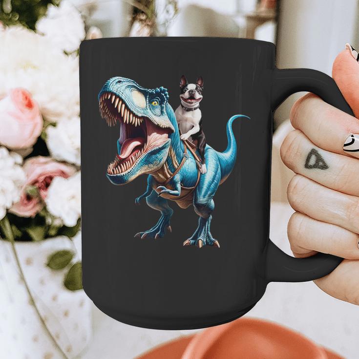 Boston Terrier Riding T-Rex Dinosaur Dog Lover Graphic Print Coffee Mug, Boston Terrier Riding Gifts, funny design
