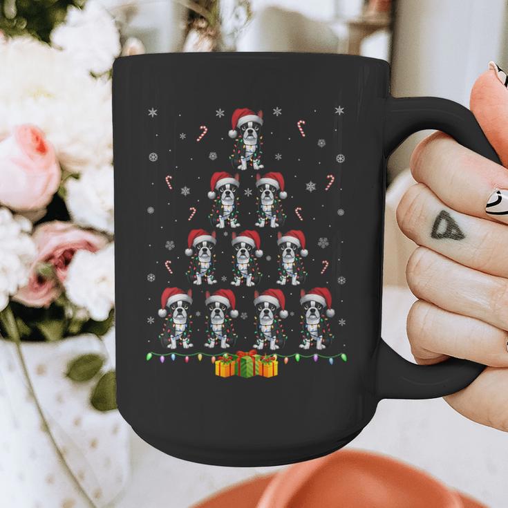Boston Terrier Santa Hat Xmas Light Men Women Christmas Tree Graphic Print Coffee Mug, Boston Terrier Christmas Gifts, funny design