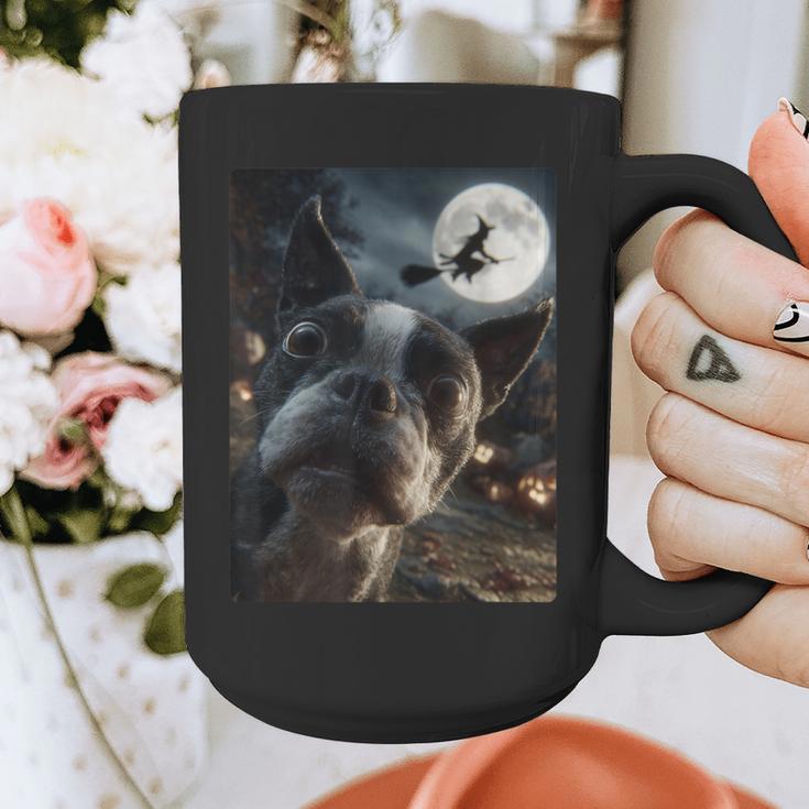 Boston Terrier Selfie Full Moon Flying Witch Halloween Dog Graphic Print Coffee Mug, Boston Terrier Halloween Gifts, funny design