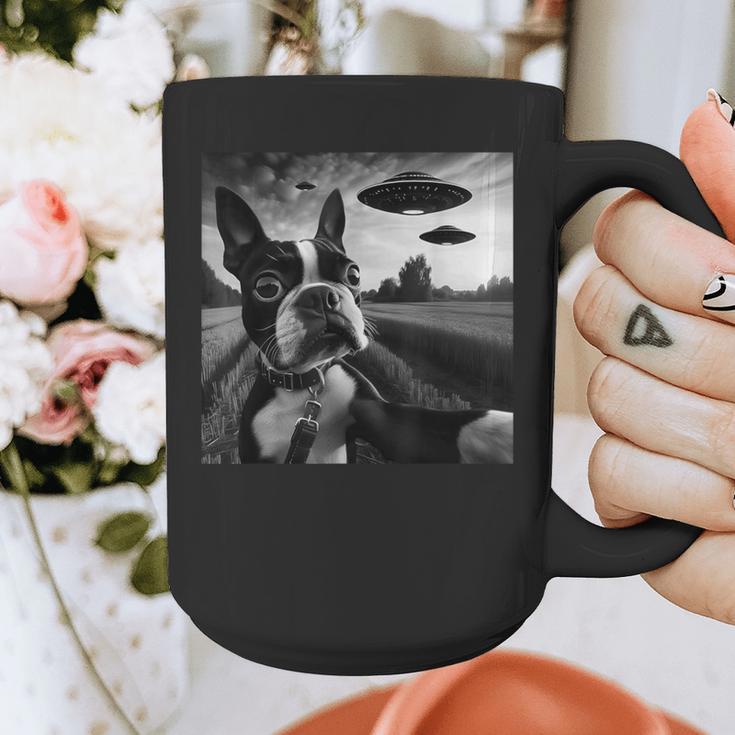 Boston Terrier Graphic Selfie With UFOs Weird Aliens Graphic Print Coffee Mug, funny design