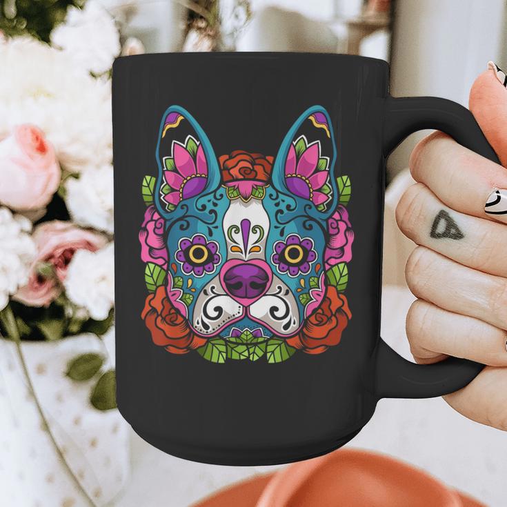 Boston Terrier Sugar Skull Dog Day Of The Dead Graphic Print Coffee Mug, funny design