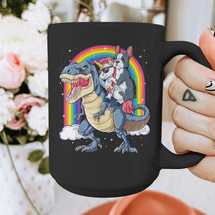 Boston Terrier Unicorn Riding Dinosaur T-Rex Girls Rainbow Graphic Print Coffee Mug, Boston Terrier Riding Gifts, funny design