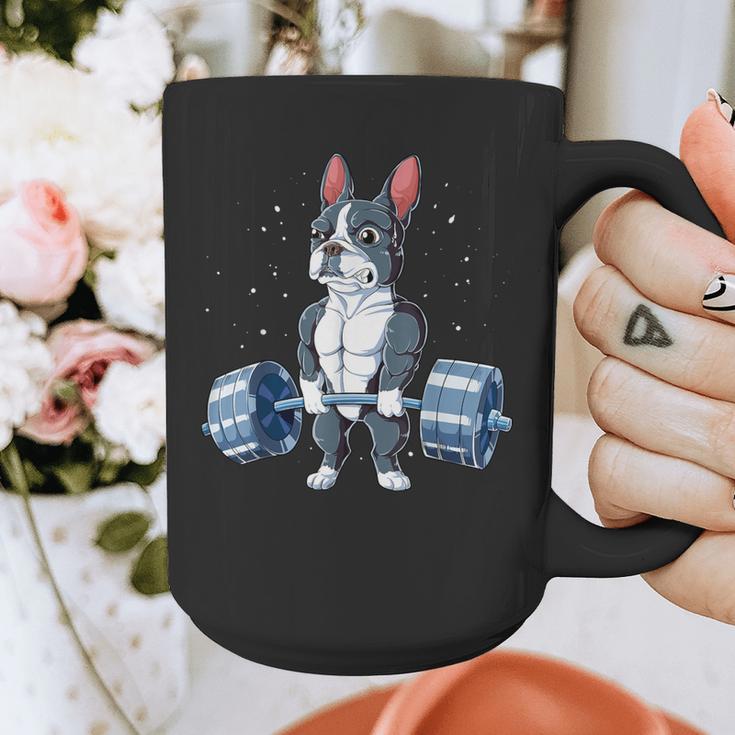 Boston Terrier Weightlifting Deadlift Men Fitness Gym Graphic Print Coffee Mug, Boston Terrier Gym Gifts, funny design