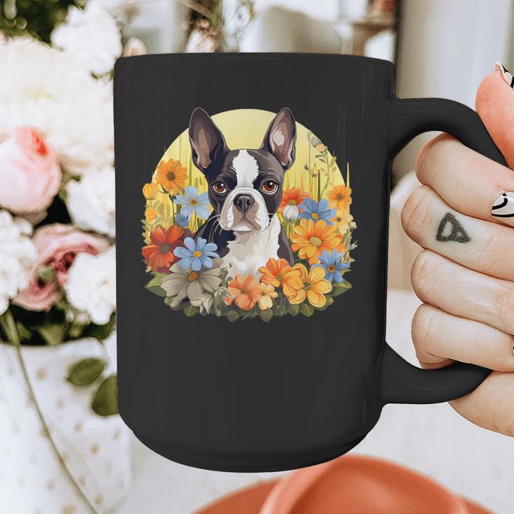Cute Boston Terrier Spring Flower Garden Colorful Puppy Dog Graphic Print Coffee Mug, funny design