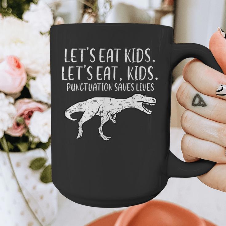 Lets Eat Kids Punctuation Saves Lives Dino Teacher Men Graphic Print Coffee Mug, funny design