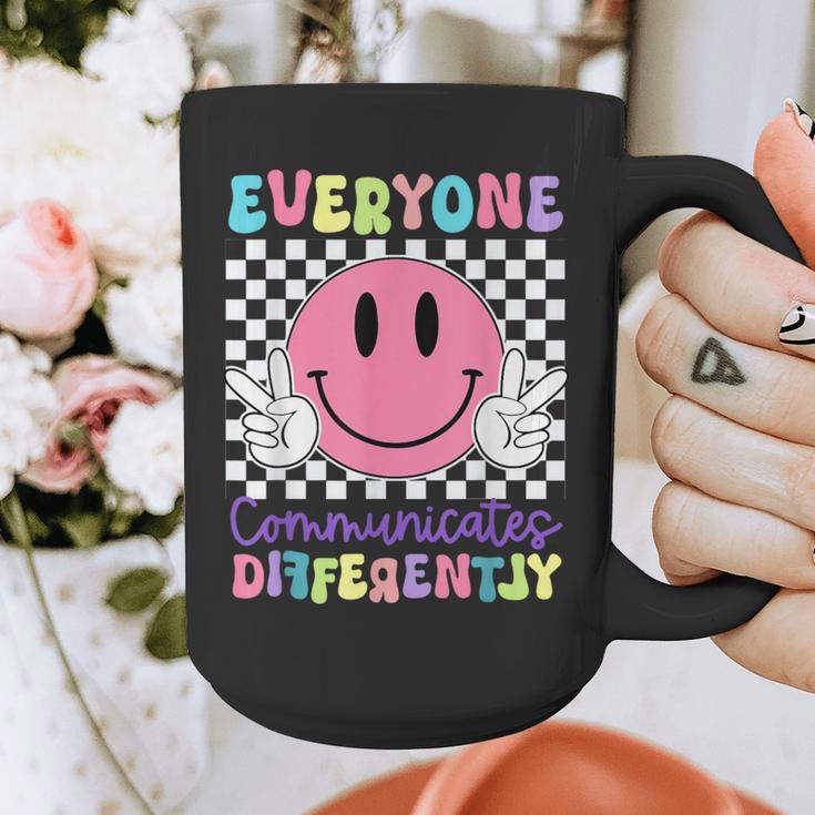 Everyone Communicates Differently Autism Awareness Teacher Graphic Print Coffee Mug, funny design