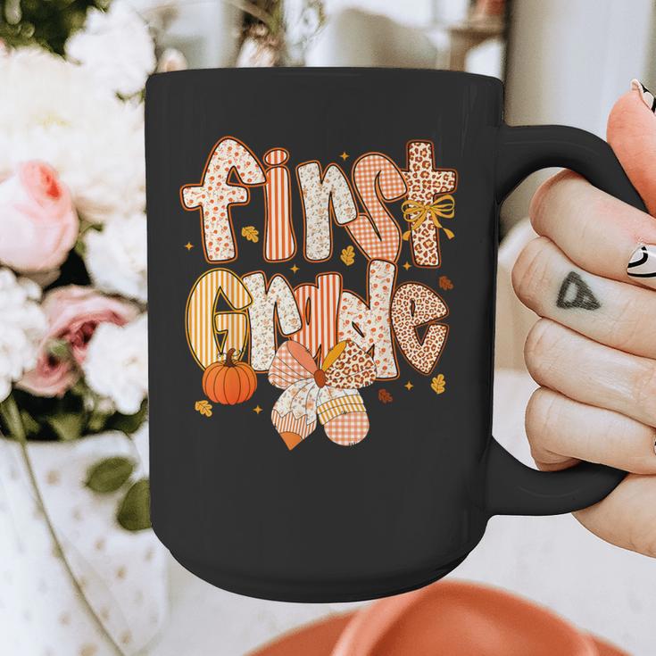 First Grade Fall Floral Coquette Bow Teachers Students Graphic Print Coffee Mug, First Grade Teacher Gifts, funny design