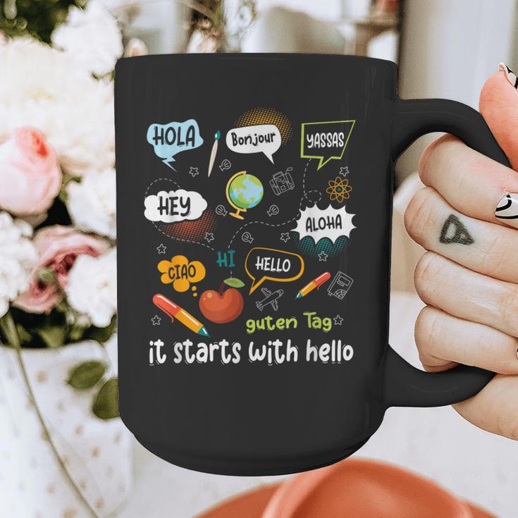 Friendship Inclusion Language Teacher It Starts With Hello Graphic Print Coffee Mug, funny design Friendship Inclusion Language Teacher It Starts With Hello Graphic Print Coffee Mug, funny design
