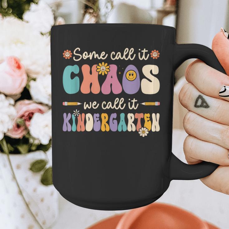 Groovy Some Call It Chaos We Call It Kindergarten Teacher Graphic Print Coffee Mug, Groovy Teacher Gifts, funny design