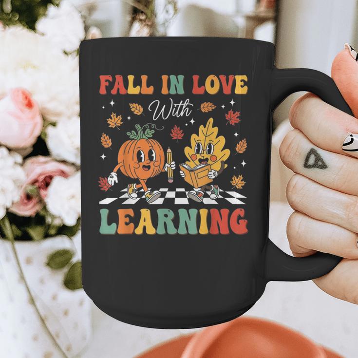 Groovy Fall In Love With Learning Autumn Pumpkin Teacher Graphic Print Coffee Mug, Groovy Teacher Gifts, funny design