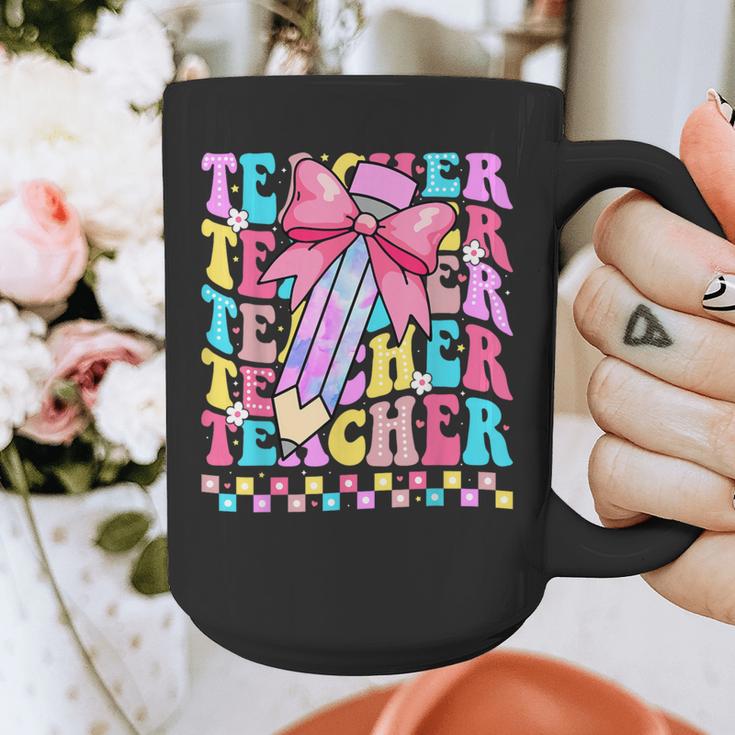 Groovy Teacher Cute Coquette Bow Flower Retro Back To School Graphic Print Coffee Mug, Groovy Teacher Gifts, funny design Groovy Teacher Cute Coquette Bow Flower Retro Back To School Graphic Print Coffee Mug, Groovy Teacher Gifts, funny design