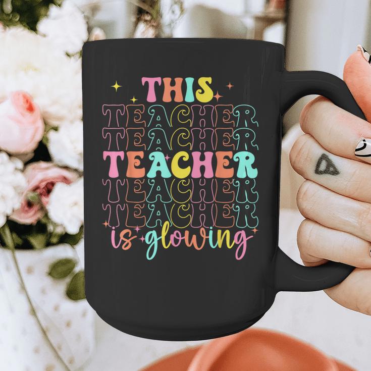 Groovy This Teacher Is Glowing Hello Summer End Of School Graphic Print Coffee Mug, Groovy Teacher Gifts, funny design