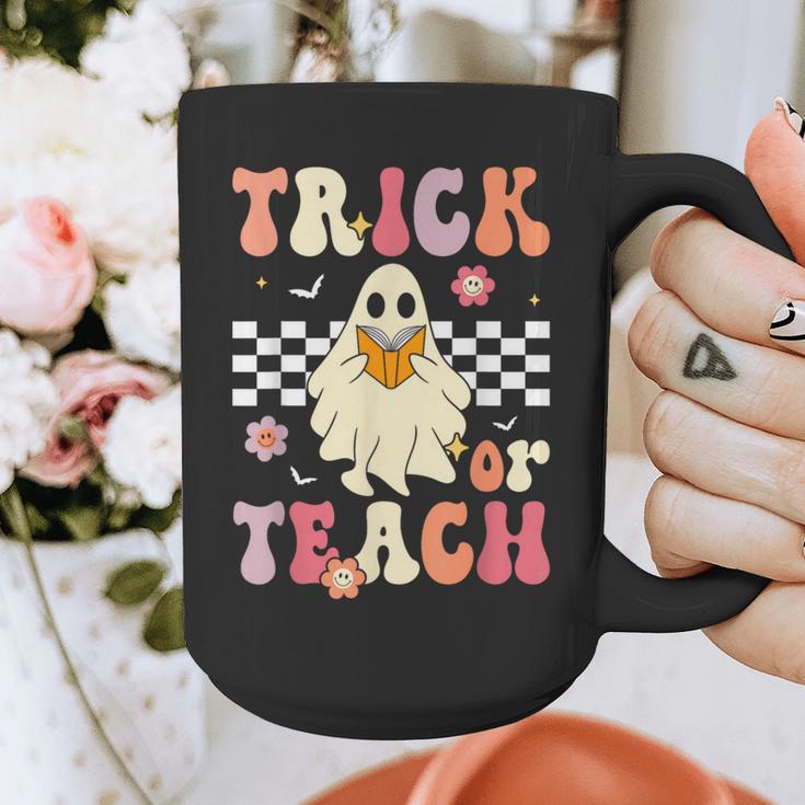 Groovy Teacher Halloween Retro Trick Or Teach Floral Ghost Graphic Print Coffee Mug, Groovy Teacher Gifts, funny design