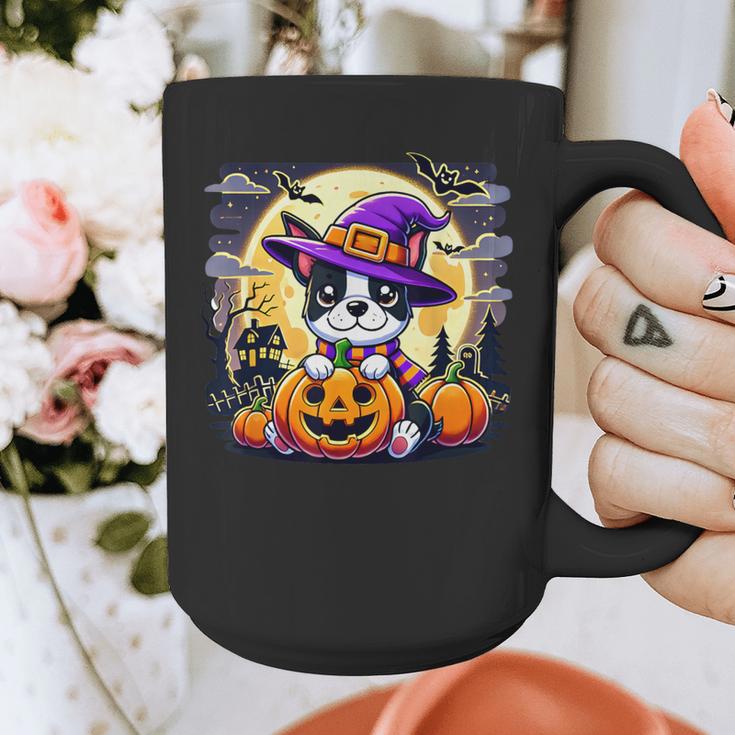 Halloween Boston Terrier Dog Breed With Jack O' Lantern Art Graphic Print Coffee Mug, Boston Terrier Halloween Gifts, funny design