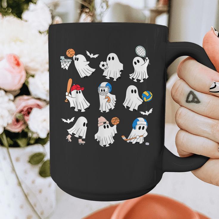 Halloween PE Teacher Ghost Playing Soccer Football Baseball Graphic Print Coffee Mug, Pe Teacher Gifts, funny design