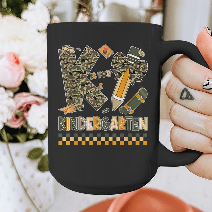 K Is For Kindergarten Teacher Coquette Bow Camo Graphic Print Coffee Mug, funny design K Is For Kindergarten Teacher Coquette Bow Camo Graphic Print Coffee Mug, funny design