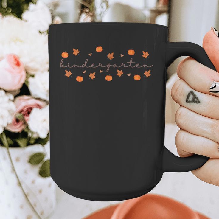 Kindergarten Teacher Pumpkin Autumn Leaves Kinder Team Fall Graphic Print Coffee Mug, funny design
