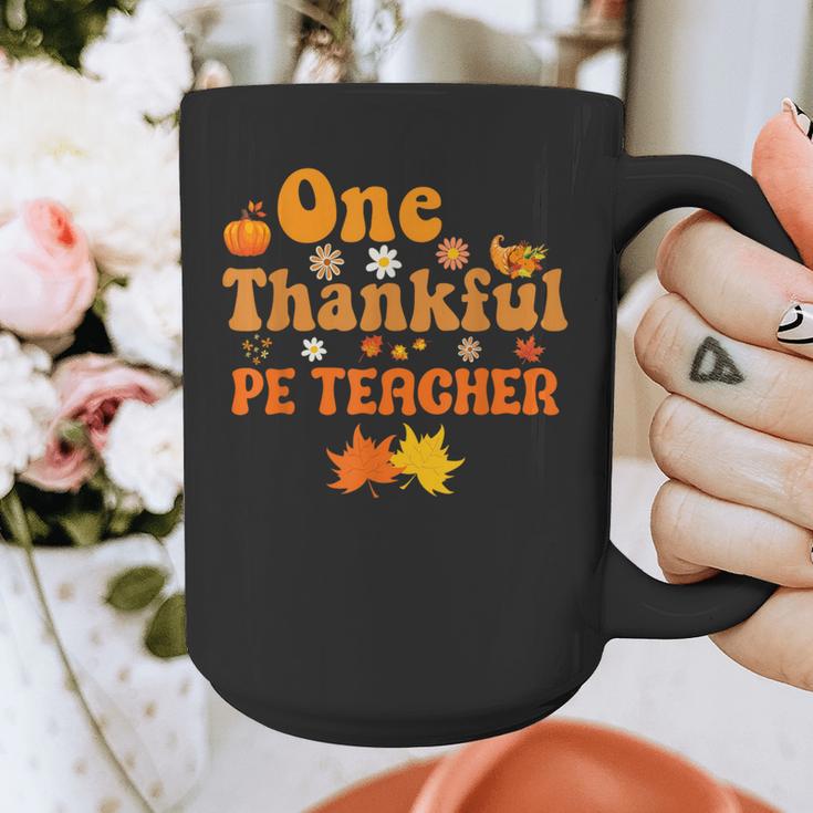 One Thankful PE Teacher Thanksgiving Fall Autumn Groovy Graphic Print Coffee Mug, Pe Teacher Gifts, Groovy Teacher Gifts, funny design