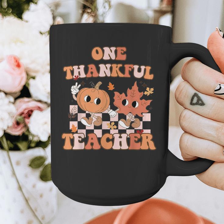 One Thankful Teacher Fall Leaves Thanksgiving Retro Graphic Print Coffee Mug, funny design