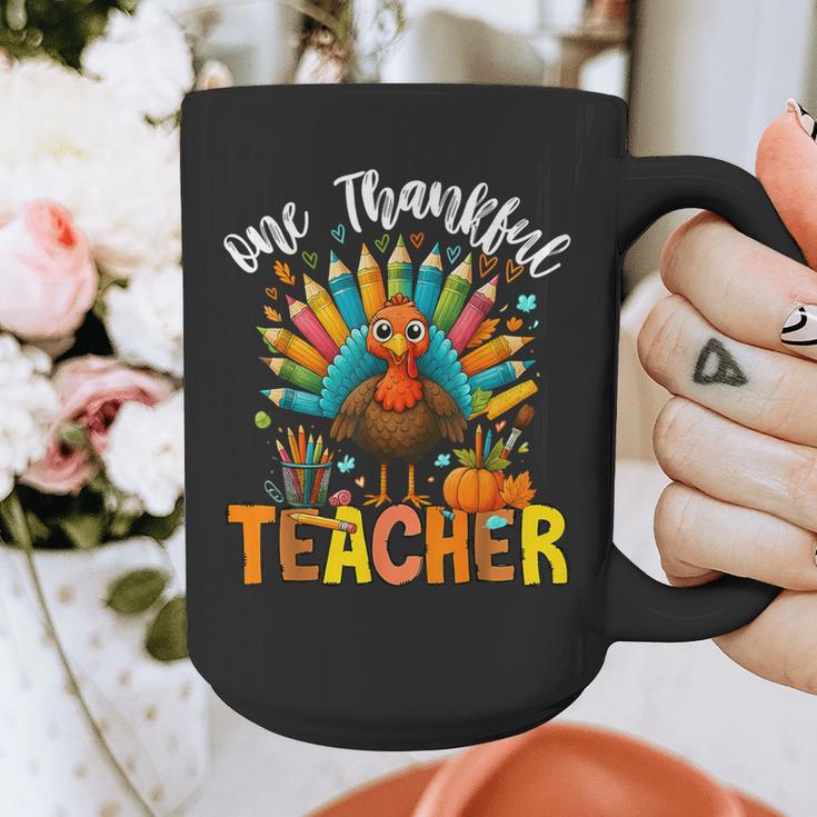 One Thankful Teacher Thanksgiving Turkey Cute Crayon Pencil Graphic Print Coffee Mug, funny design