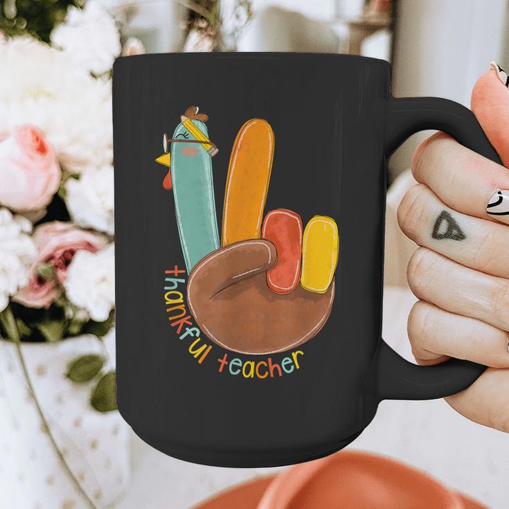 One Thankful Teacher Thanksgiving Turkey Peace Hand Sign Graphic Print Coffee Mug, funny design One Thankful Teacher Thanksgiving Turkey Peace Hand Sign Graphic Print Coffee Mug, funny design