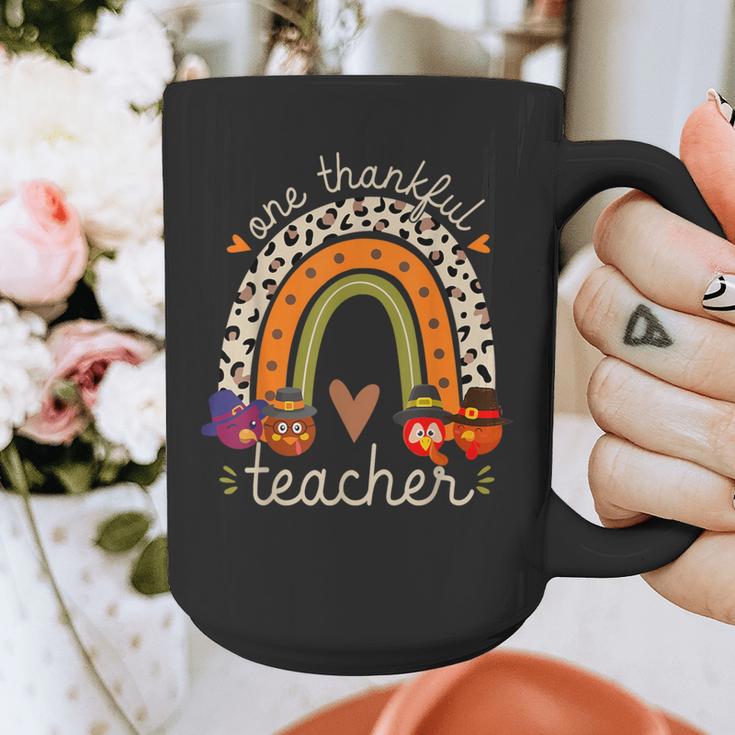 One Thankful Teacher Thanksgiving Turkey Rainbow Fall Graphic Print Coffee Mug, funny design
