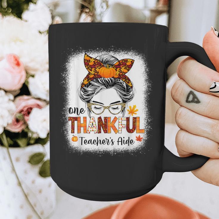 One Thankful Teacher's Aide Messy Bun Thanksgiving Fall Graphic Print Coffee Mug, funny design