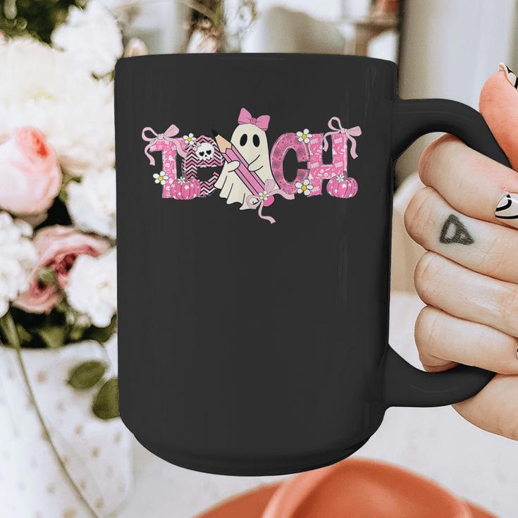 Pink Ghost Teach Halloween Teacher In Spooky Season Graphic Print Coffee Mug, funny design Pink Ghost Teach Halloween Teacher In Spooky Season Graphic Print Coffee Mug, funny design