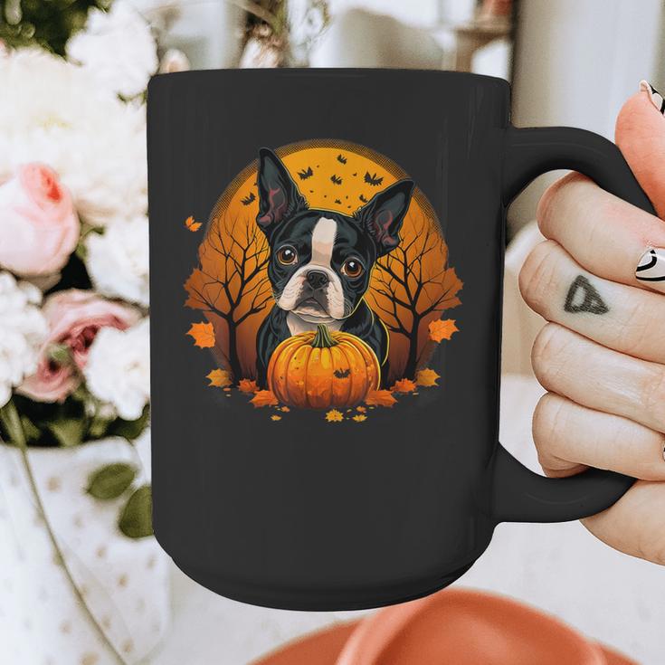 Pumpkin Boston Terrier Costume On Boston Terrier Halloween Graphic Print Coffee Mug, Boston Terrier Halloween Gifts, funny design