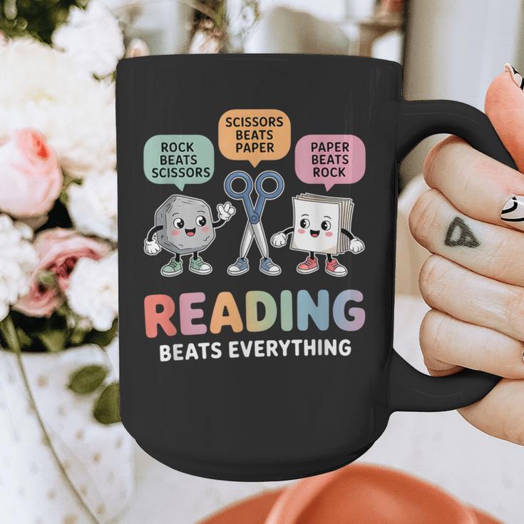 Reading Beats Everything Teacher Rock Paper Scissors Graphic Print Coffee Mug, funny design