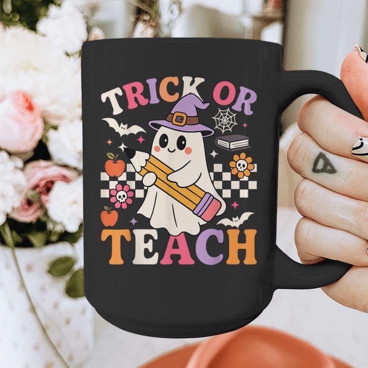 Retro Floral Ghost Trick Or Teach Groovy Teacher Halloween Graphic Print Coffee Mug, Groovy Teacher Gifts, funny design