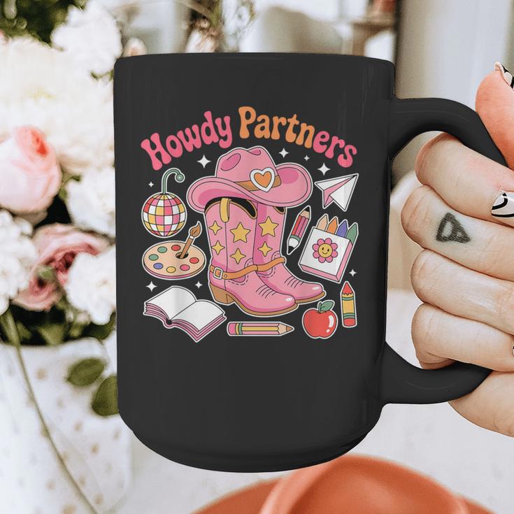 Retro Howdy Partners Cowgirl Cowboy Teacher Back To School Graphic Print Coffee Mug, funny design