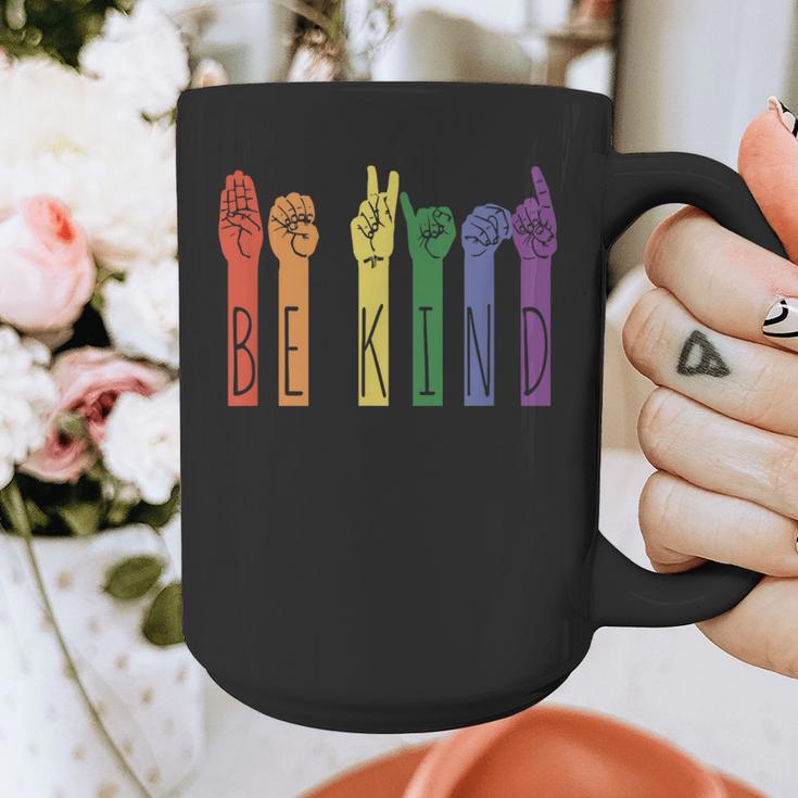 Retro Be Kind ASL Deaf Teacher Sign Language Gay Pride Graphic Print Coffee Mug, funny design