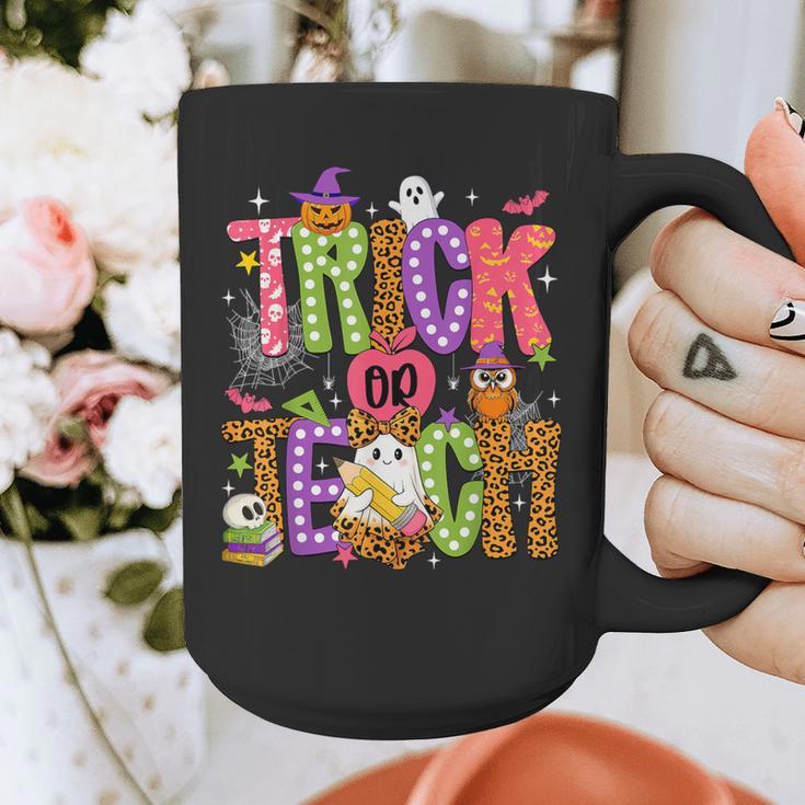 Retro Trick Or Teach Leopard Ghost Halloween Spooky Teacher Graphic Print Coffee Mug, funny design Retro Trick Or Teach Leopard Ghost Halloween Spooky Teacher Graphic Print Coffee Mug, funny design